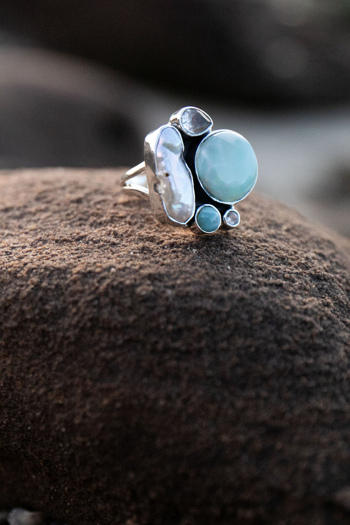 Larimar, Topaz & Freshwater Pearl Ring in Sterling Silver - Size 9 US