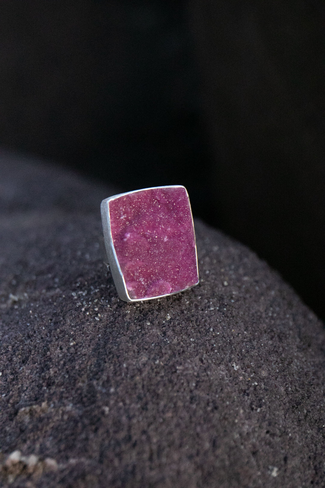 Raw Pink Cobalto Calcite Ring set in Brushed Sterling Silver with Adjustable Band