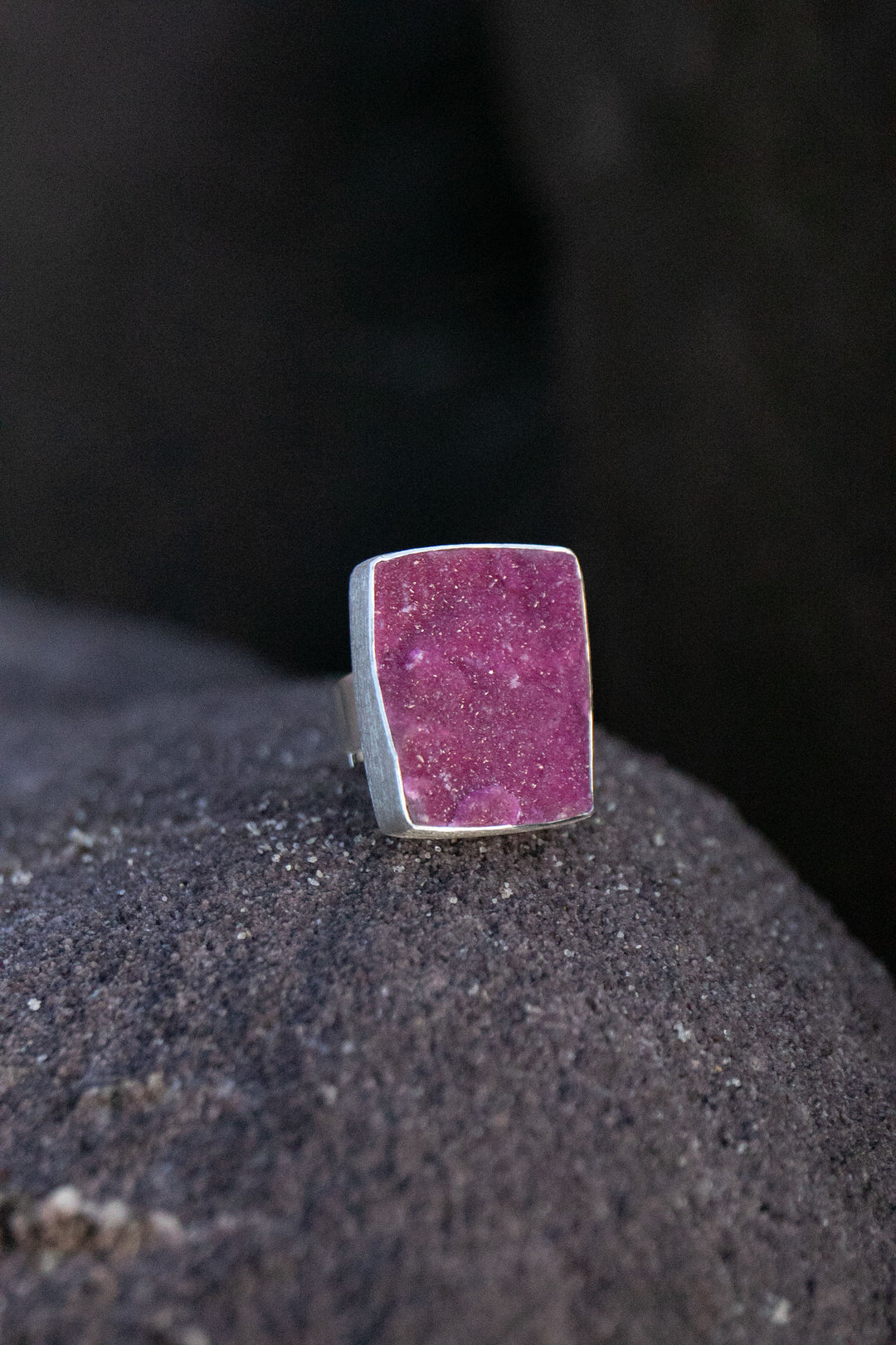 Raw Pink Cobalto Calcite Ring set in Brushed Sterling Silver with Adjustable Band