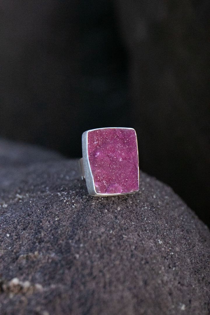 Raw Pink Cobalto Calcite Ring set in Brushed Sterling Silver with Adjustable Band