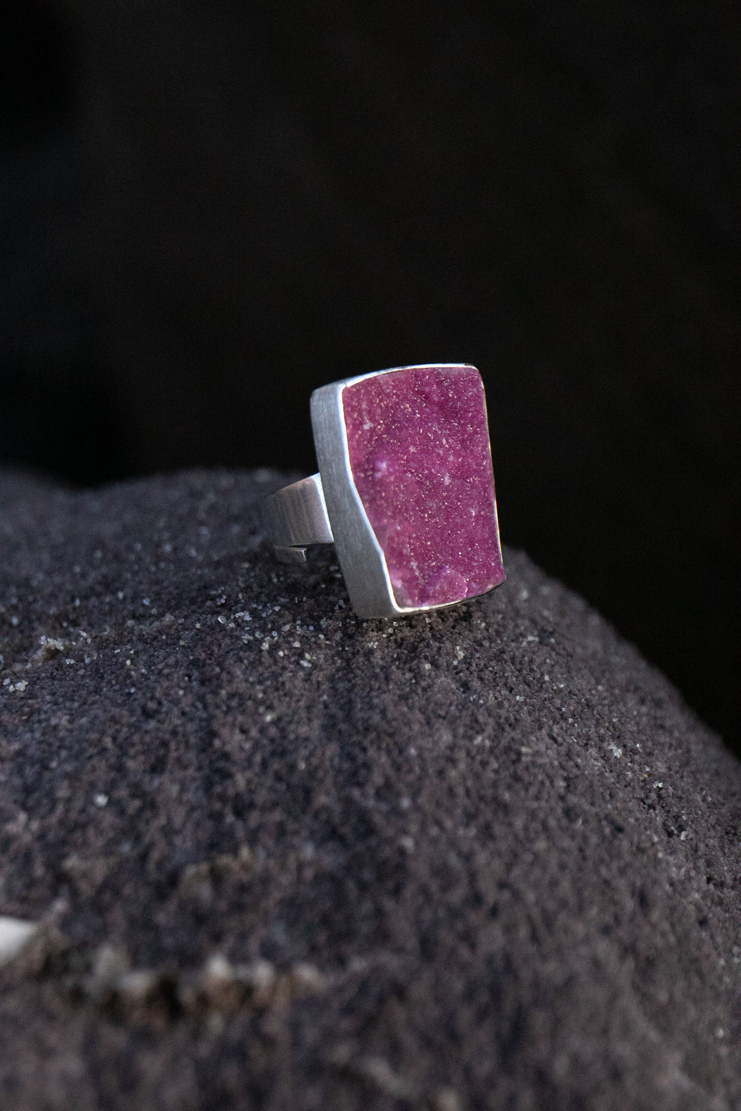 Raw Pink Cobalto Calcite Ring set in Brushed Sterling Silver with Adjustable Band
