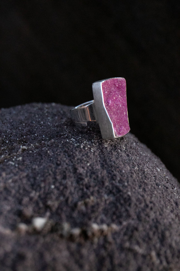 Raw Pink Cobalto Calcite Ring set in Brushed Sterling Silver with Adjustable Band