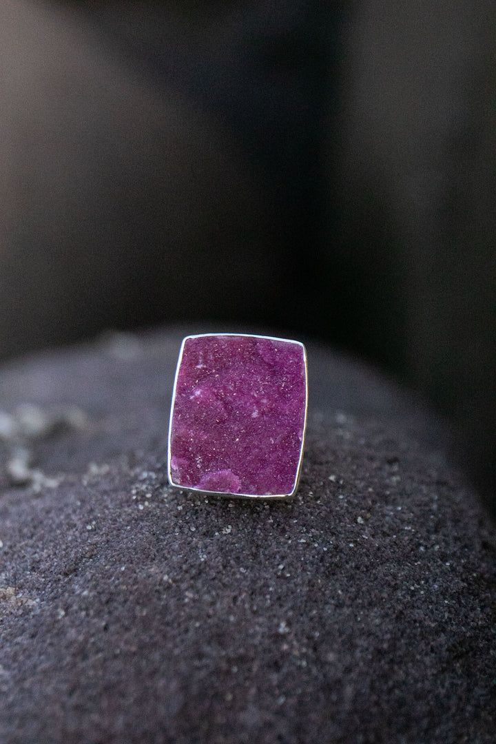 Raw Pink Cobalto Calcite Ring set in Brushed Sterling Silver with Adjustable Band