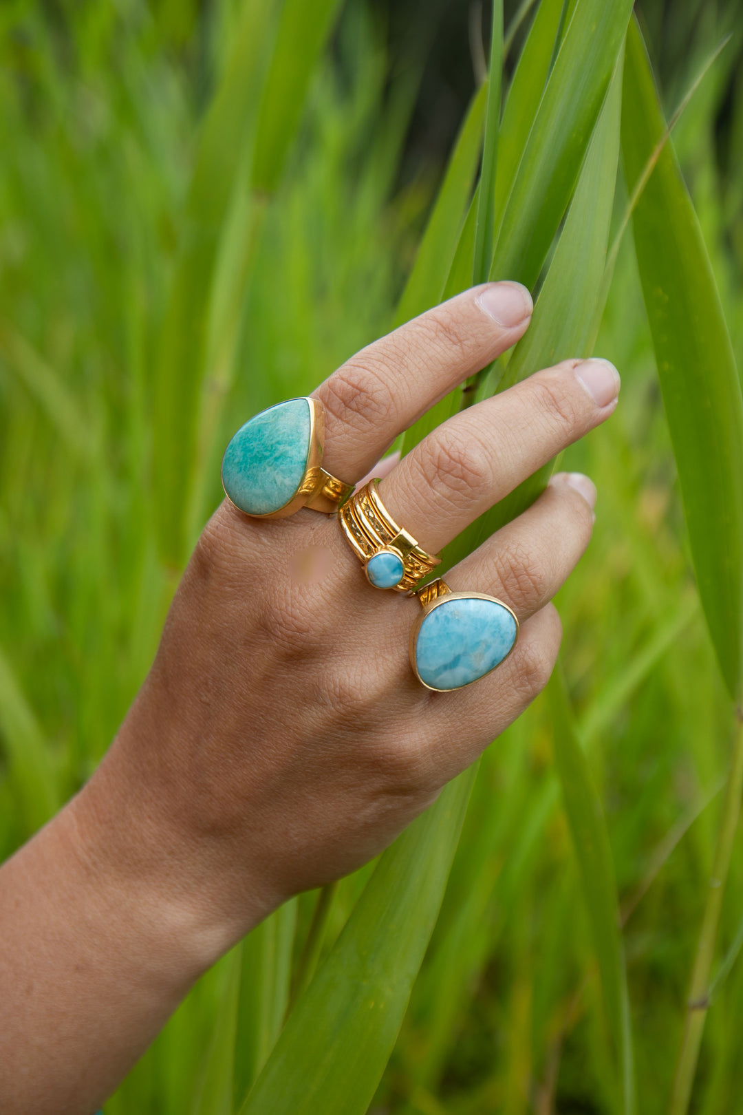 Larimar Ring set in Brushed Gold Plated Sterling Silver Band - Adjustable