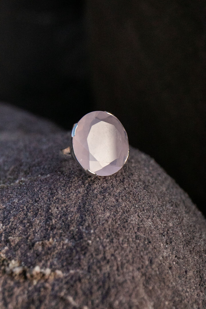 Statement Rose Quartz Ring in Sterling Silver Unique Setting - Size 9 US