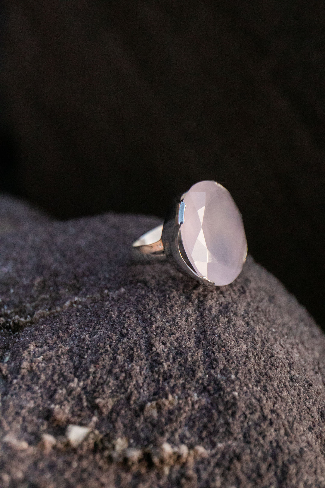 Statement Rose Quartz Ring in Sterling Silver Unique Setting - Size 9 US