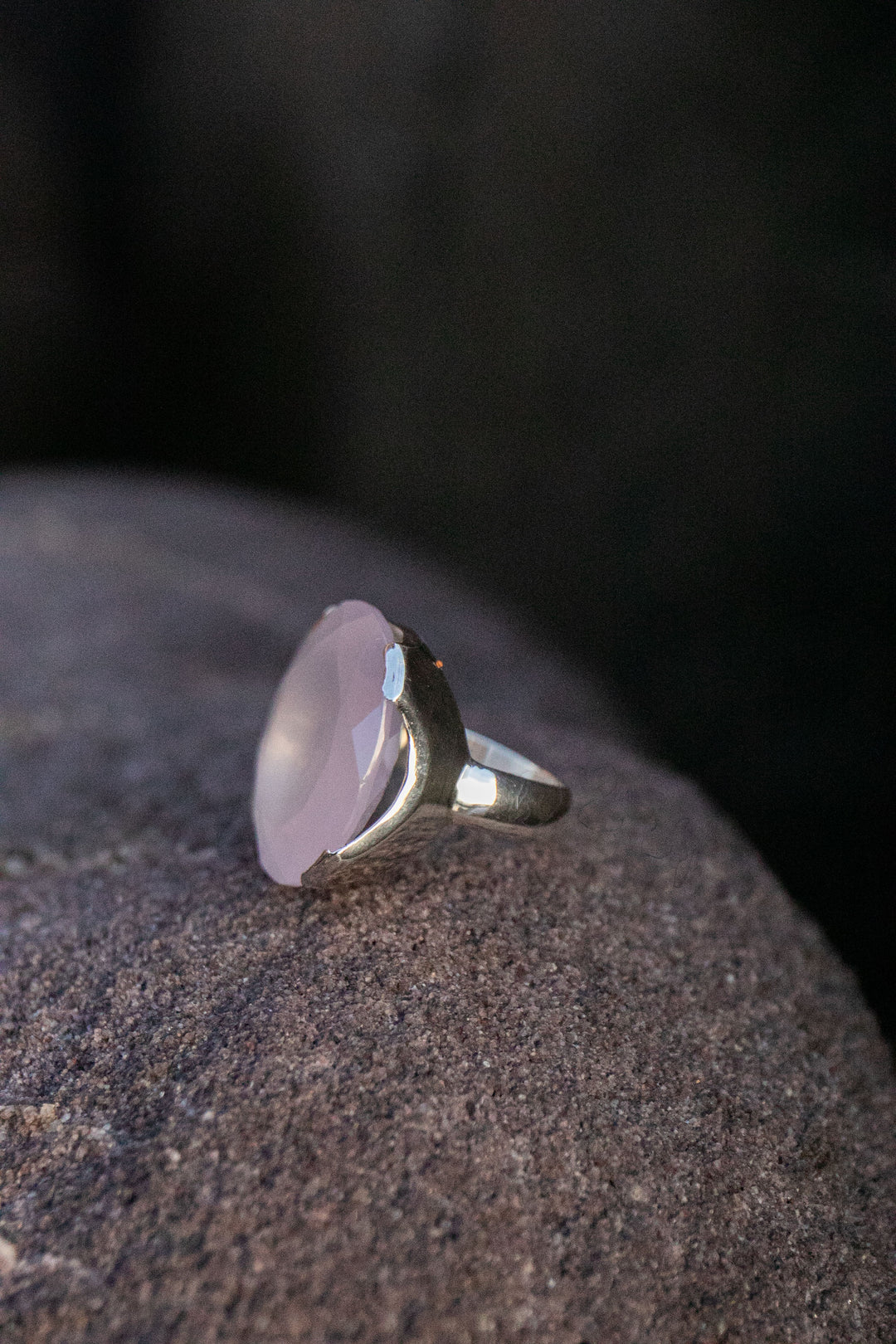 Statement Rose Quartz Ring in Sterling Silver Unique Setting - Size 9 US
