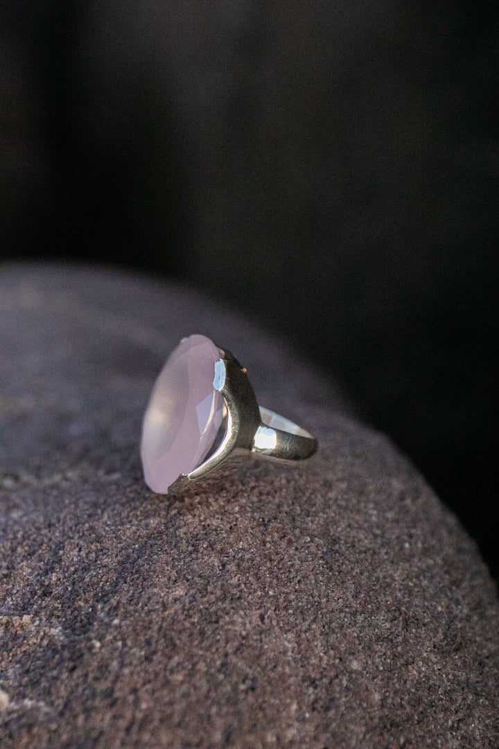 Statement Rose Quartz Ring in Sterling Silver Unique Setting - Size 9 US