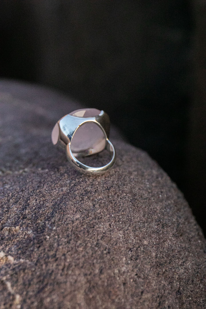 Statement Rose Quartz Ring in Sterling Silver Unique Setting - Size 9 US