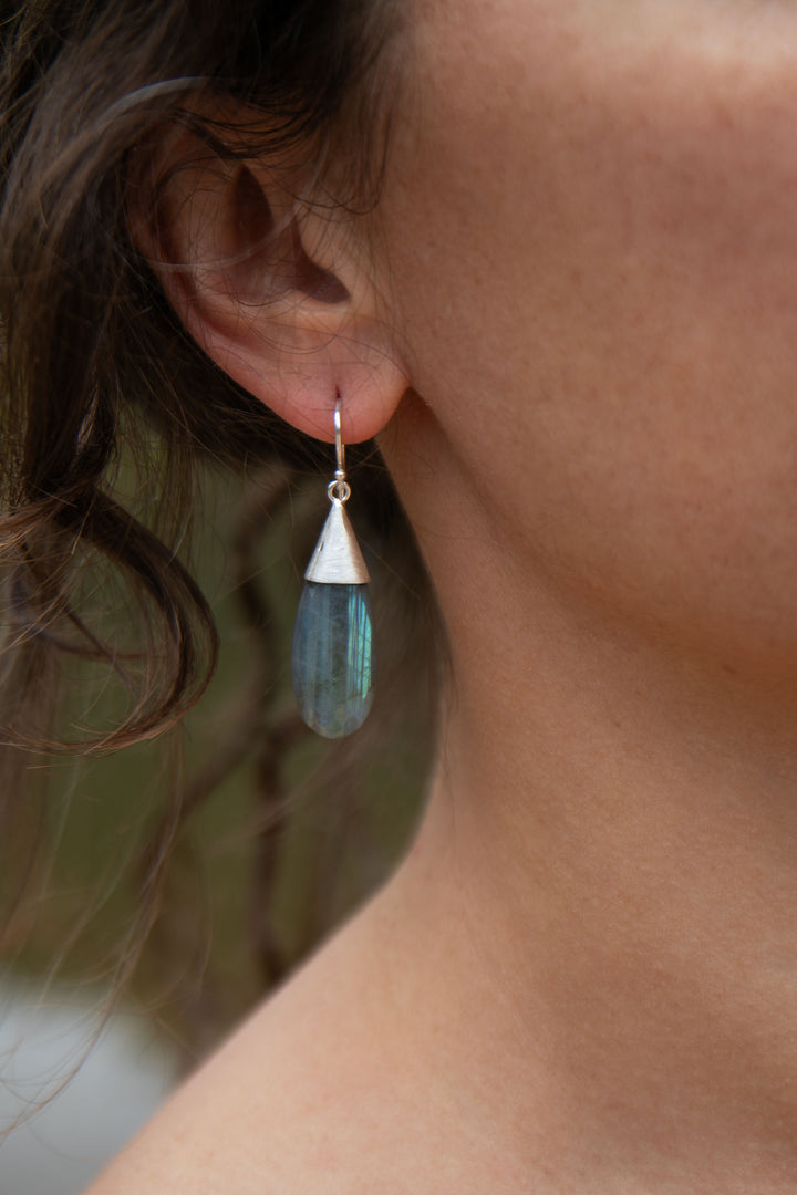 Faceted Labradorite Earrings set in Brushed Sterling Silver