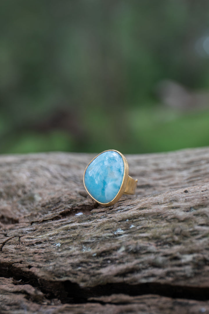 Larimar Ring set in Brushed Gold Plated Sterling Silver Band - Adjustable