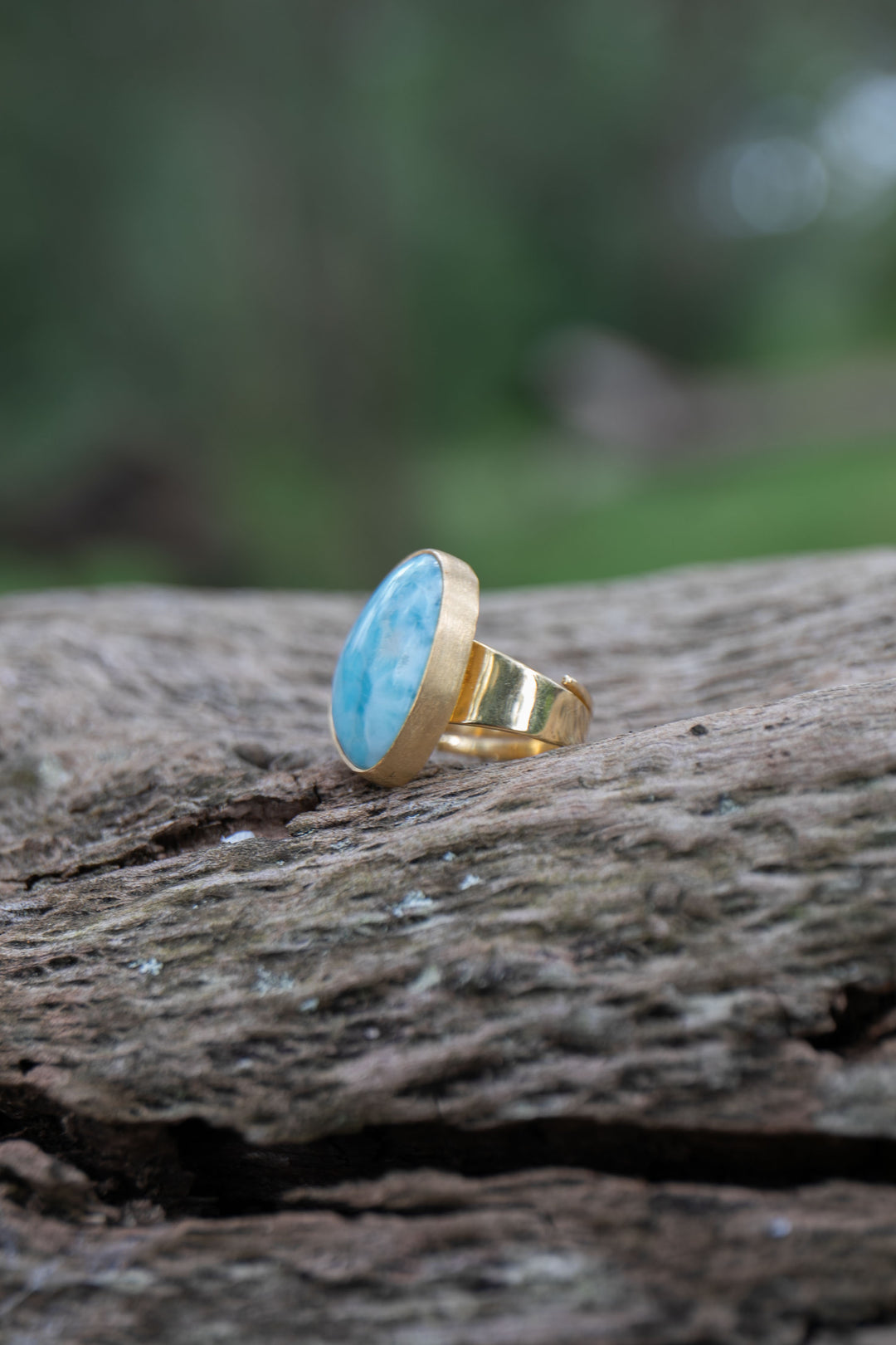 Larimar Ring set in Brushed Gold Plated Sterling Silver Band - Adjustable