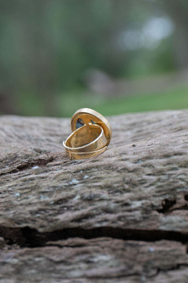 Larimar Ring set in Brushed Gold Plated Sterling Silver Band - Adjustable