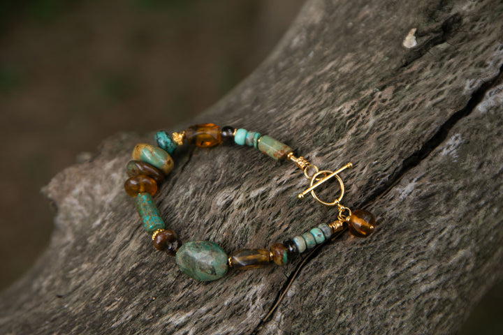 Beaded Amber, Turquoise and Gold Vermeil Sterling Silver Bracelet