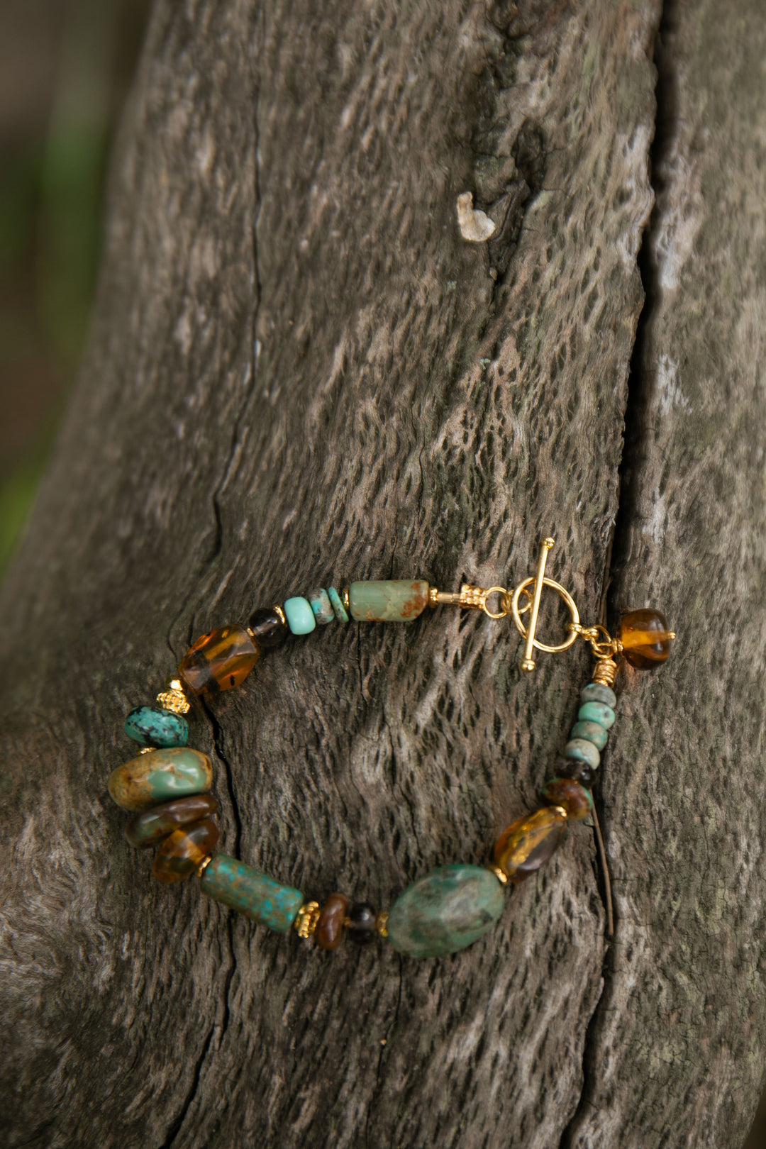 Beaded Amber, Turquoise and Gold Vermeil Sterling Silver Bracelet