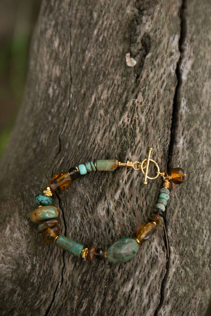 Beaded Amber, Turquoise and Gold Vermeil Sterling Silver Bracelet