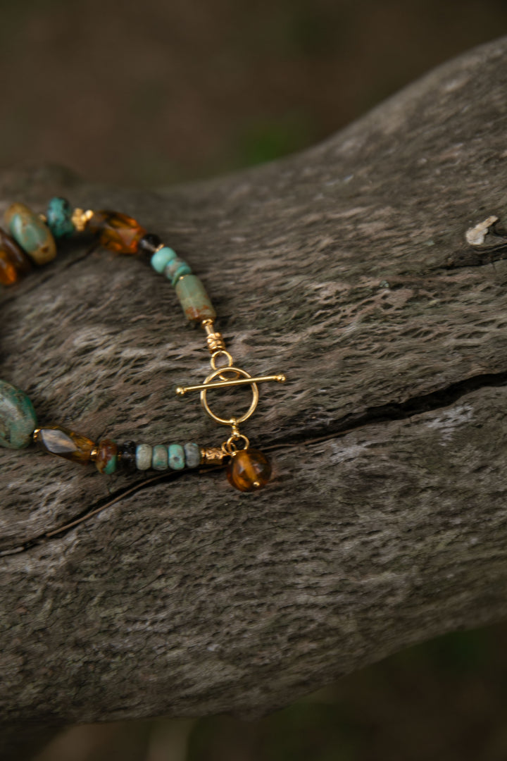 Beaded Amber, Turquoise and Gold Vermeil Sterling Silver Bracelet