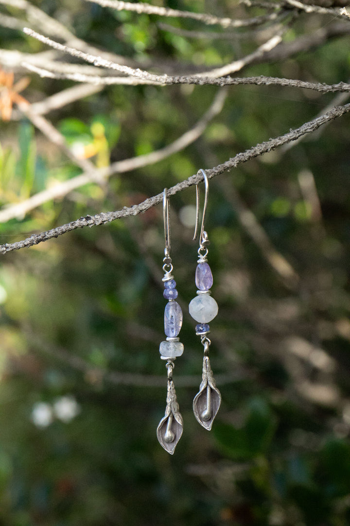 Reserved for Somer** Asymmetrical Tanzanite and Rainbow Moonstone Thai Hill Tribe Silver Shell Earrings