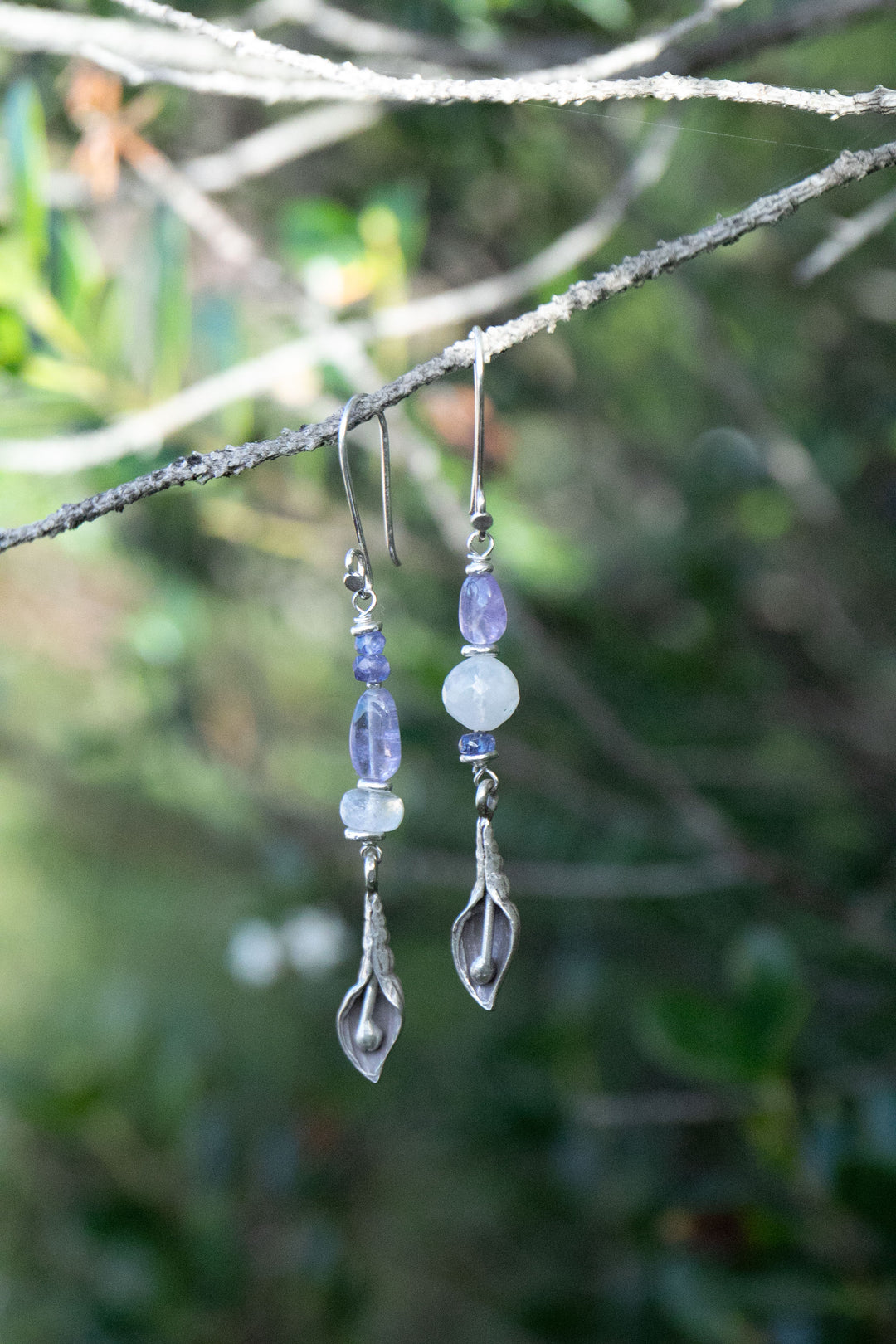 Reserved for Somer** Asymmetrical Tanzanite and Rainbow Moonstone Thai Hill Tribe Silver Shell Earrings