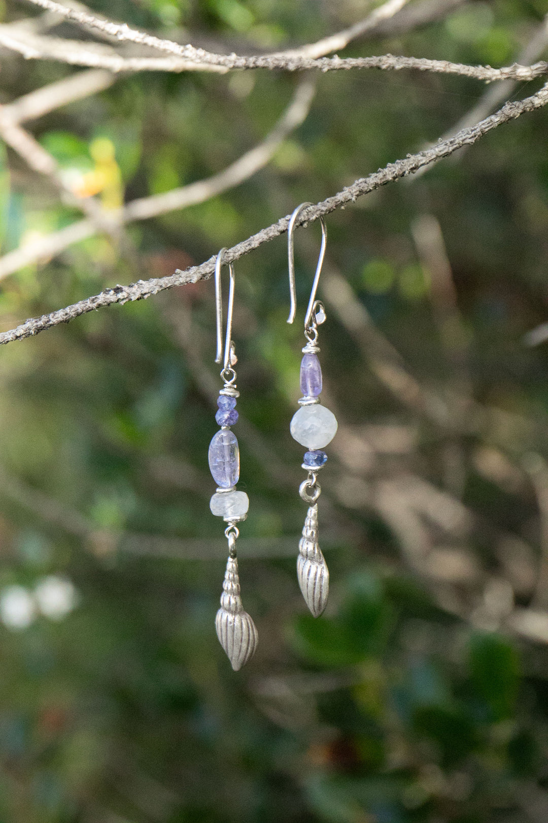 Reserved for Somer** Asymmetrical Tanzanite and Rainbow Moonstone Thai Hill Tribe Silver Shell Earrings