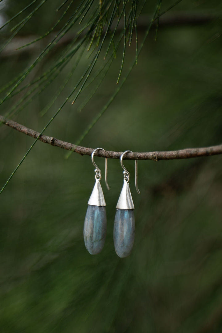 Faceted Labradorite Earrings set in Brushed Sterling Silver