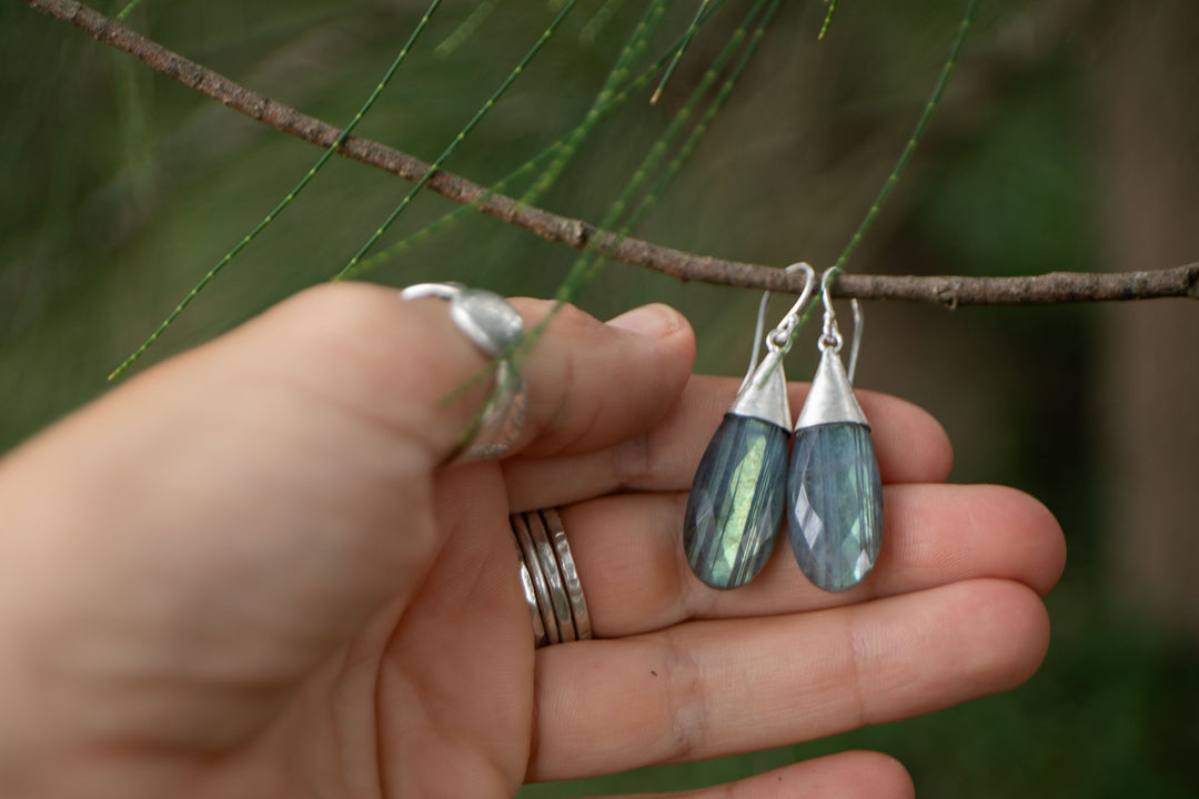 Faceted Labradorite Earrings set in Brushed Sterling Silver