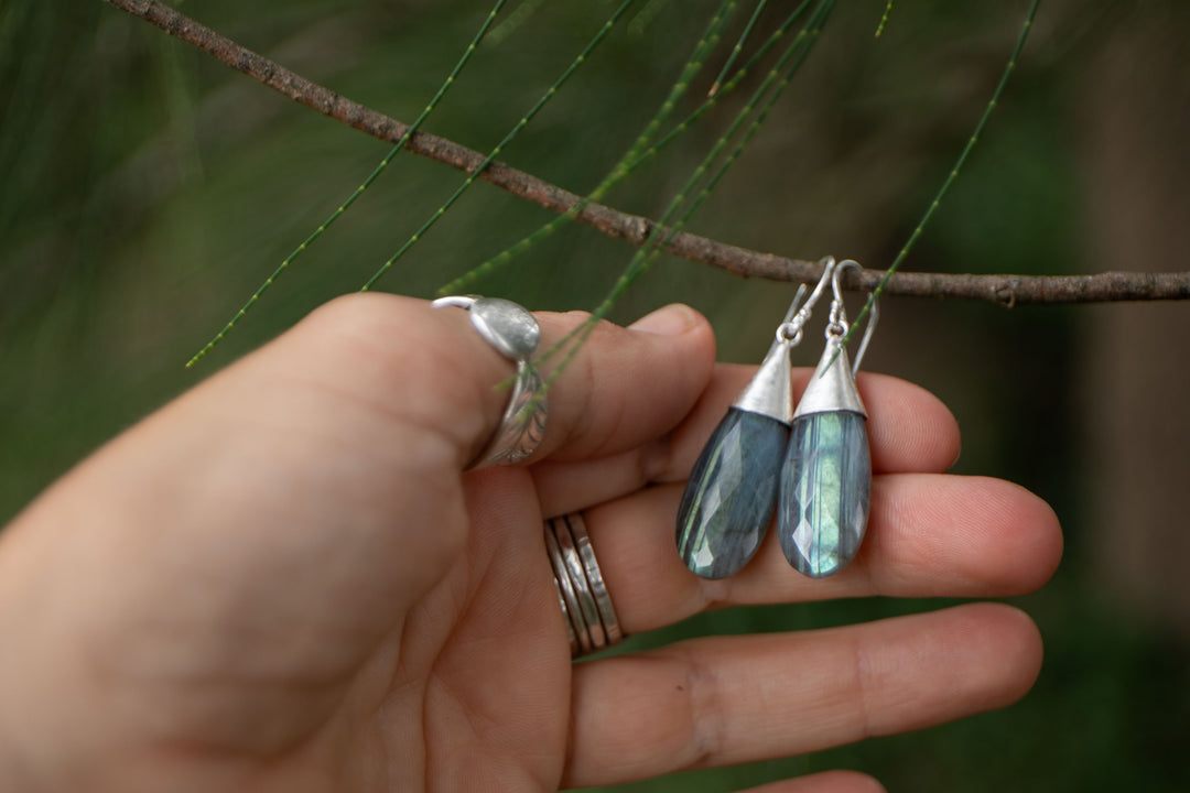 Faceted Labradorite Earrings set in Brushed Sterling Silver