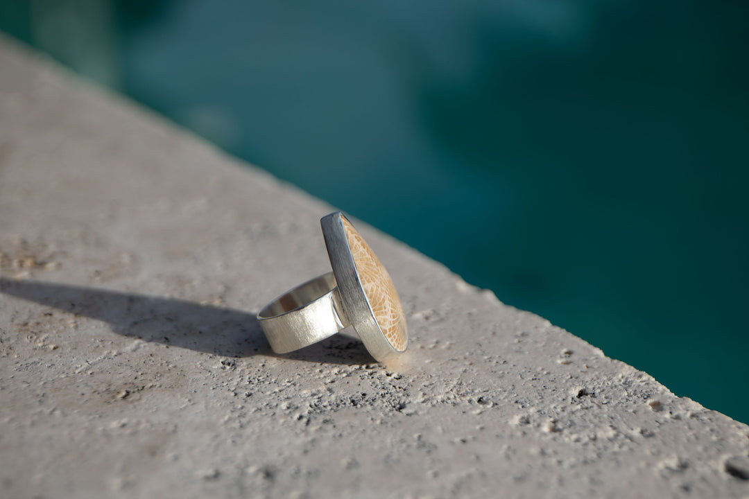 Fossil Coral Ring in Brushed Sterling Silver - Size 8 US