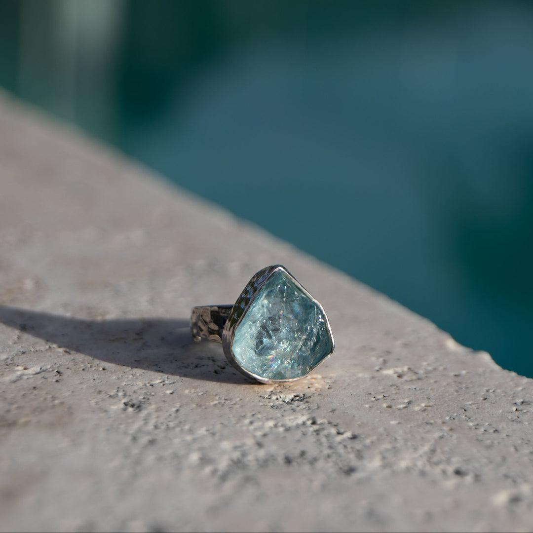 Raw Mozambique Aquamarine Ring with Beaten Adjustable Band