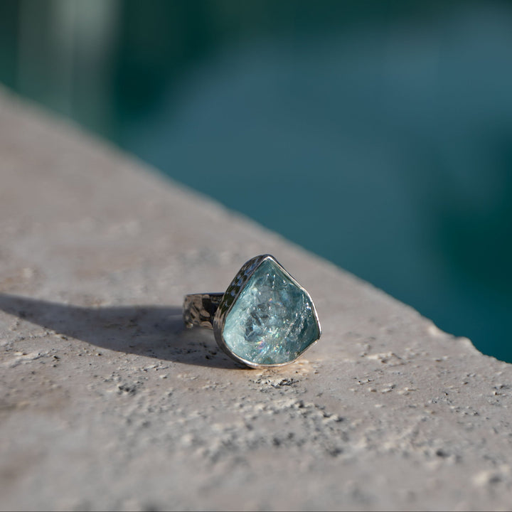 Raw Mozambique Aquamarine Ring with Beaten Adjustable Band