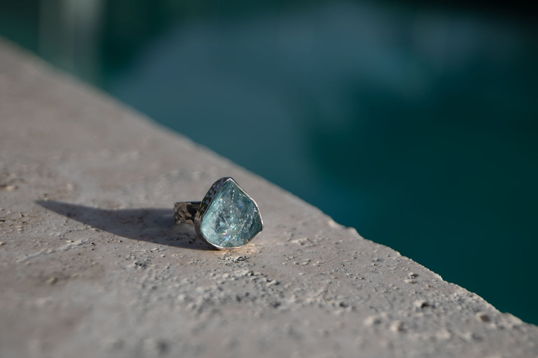 Raw Mozambique Aquamarine Ring with Beaten Adjustable Band