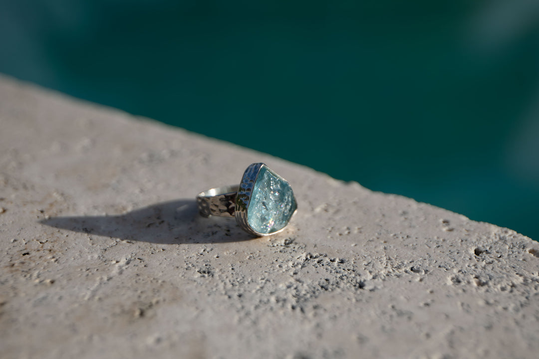 Raw Mozambique Aquamarine Ring with Beaten Adjustable Band