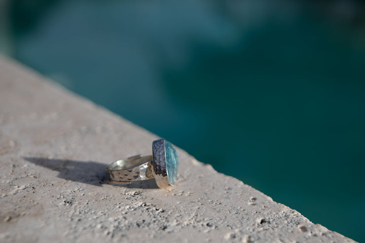 Raw Mozambique Aquamarine Ring with Beaten Adjustable Band