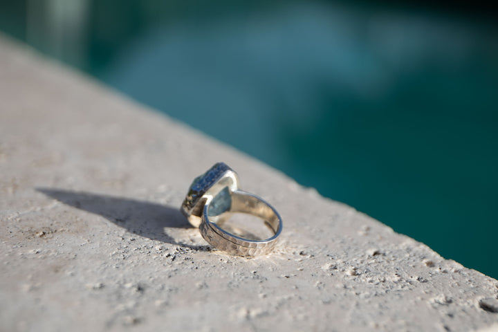 Raw Mozambique Aquamarine Ring with Beaten Adjustable Band