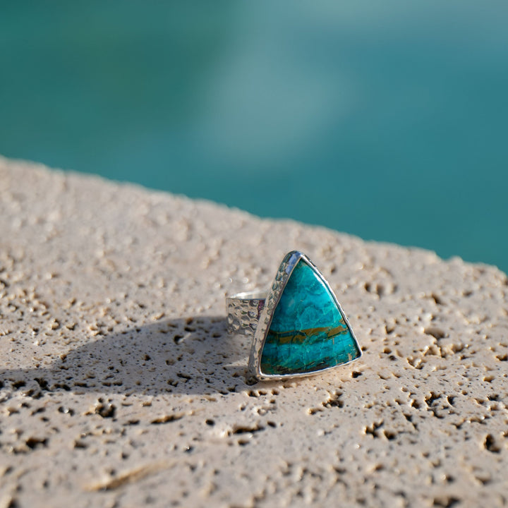 Chrysocolla Ring set in Beaten Sterling Silver - Adjustable Band
