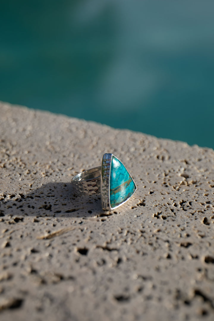 Chrysocolla Ring set in Beaten Sterling Silver - Adjustable Band