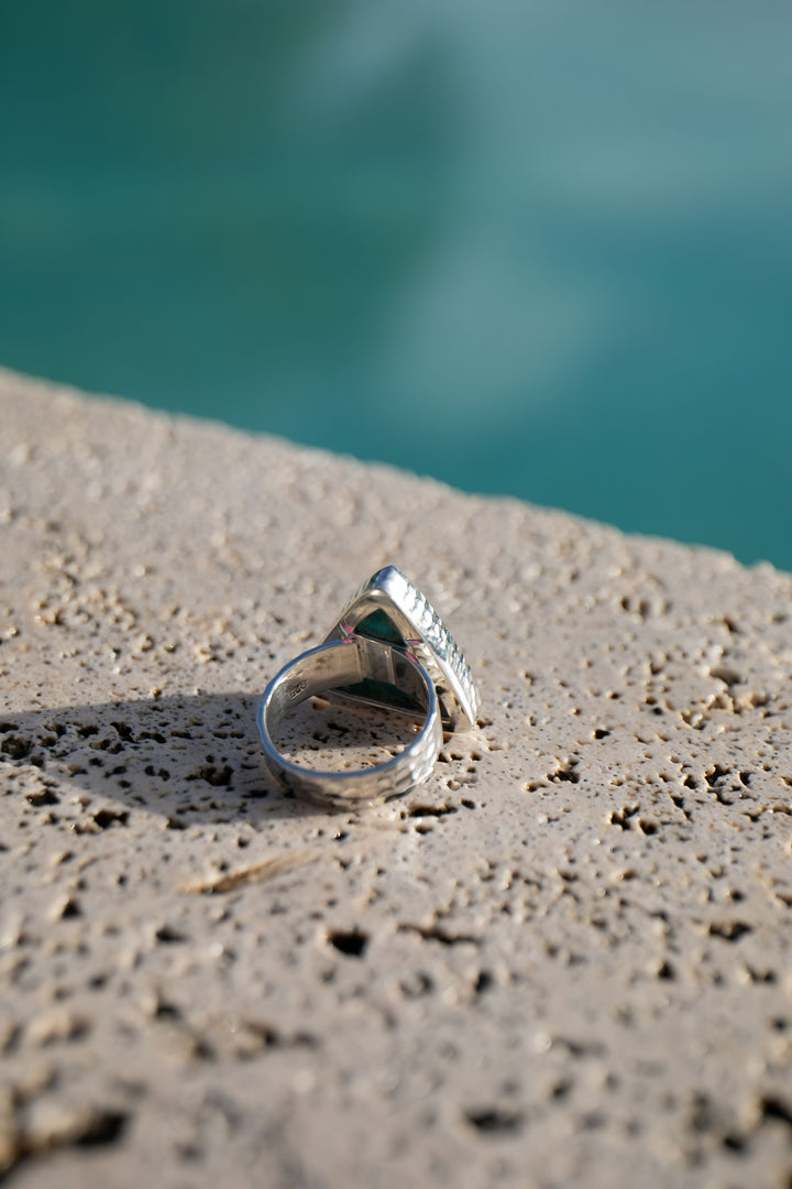 Chrysocolla Ring set in Beaten Sterling Silver - Adjustable Band