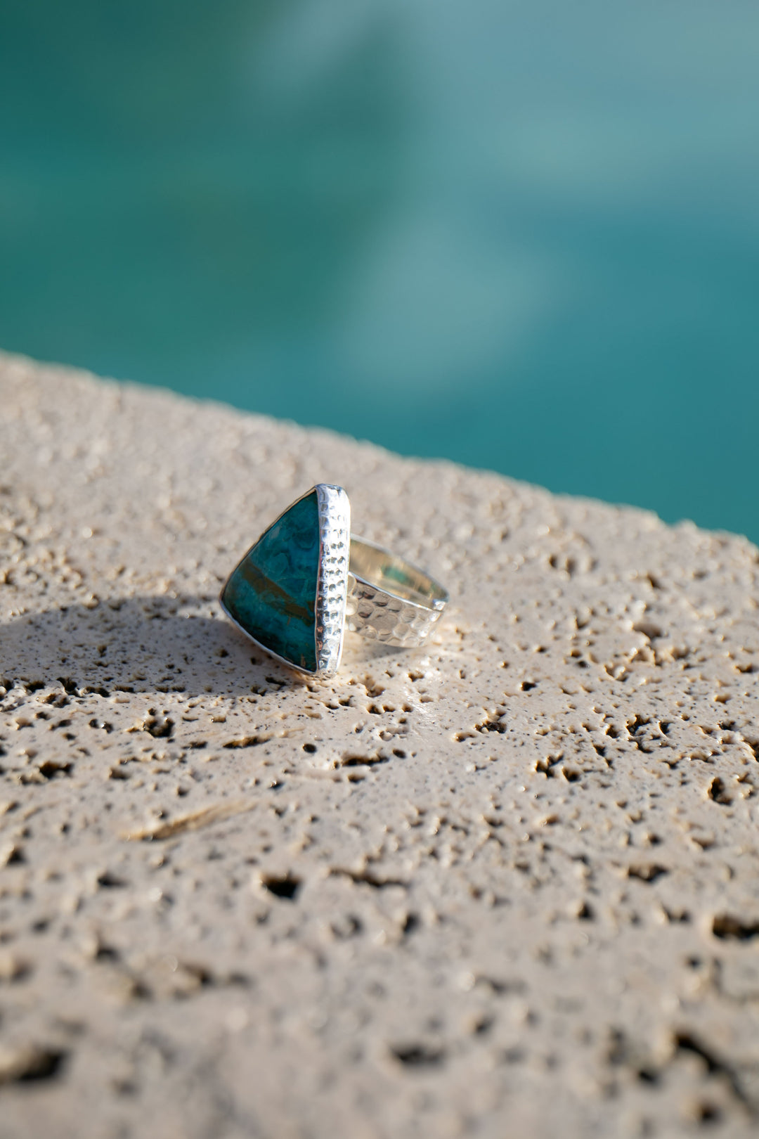 Chrysocolla Ring set in Beaten Sterling Silver - Adjustable Band