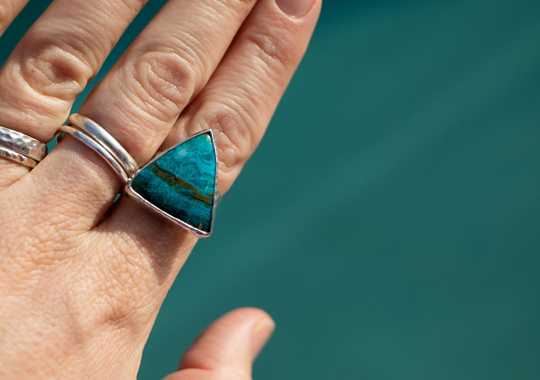 Chrysocolla Ring set in Beaten Sterling Silver - Adjustable Band