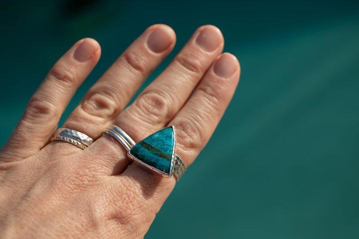 Chrysocolla Ring set in Beaten Sterling Silver - Adjustable Band