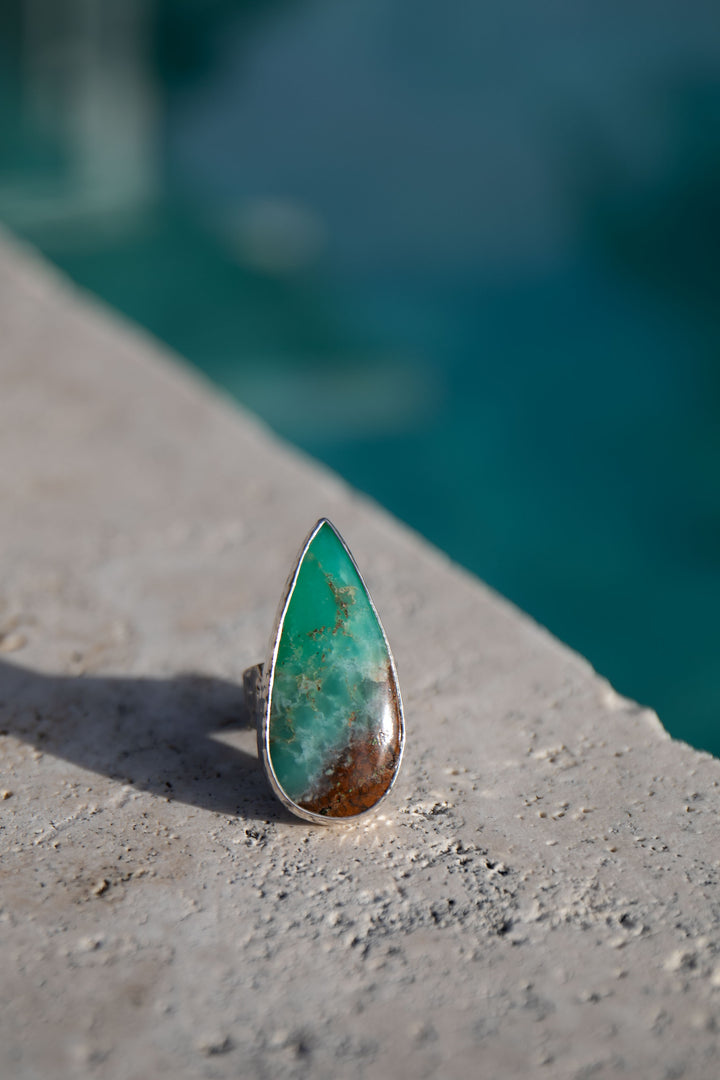 Statement Chrysoprase Ring in Beaten Sterling Silver - Adjustable