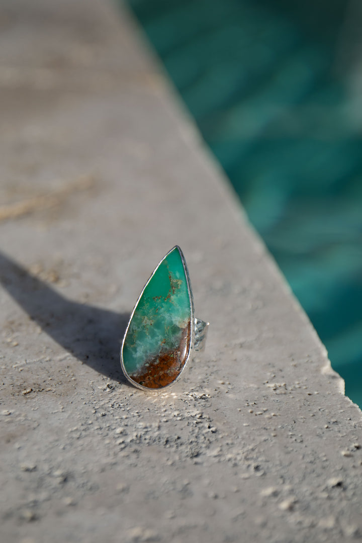 Statement Chrysoprase Ring in Beaten Sterling Silver - Adjustable
