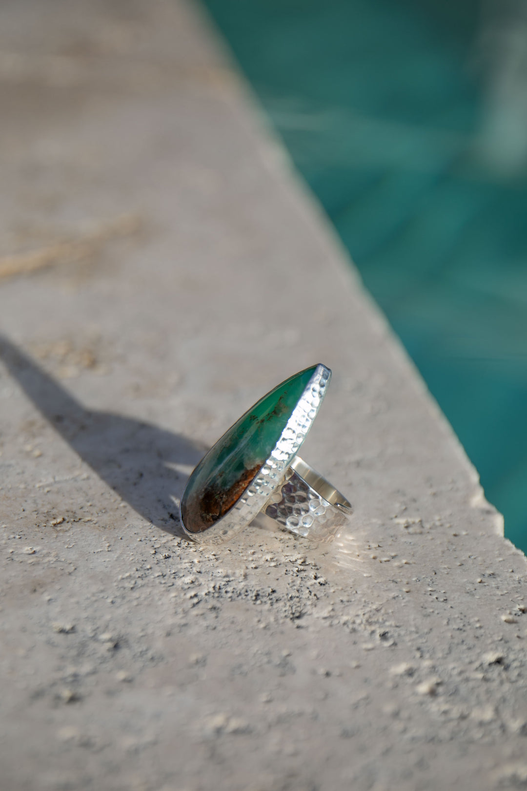 Statement Chrysoprase Ring in Beaten Sterling Silver - Adjustable