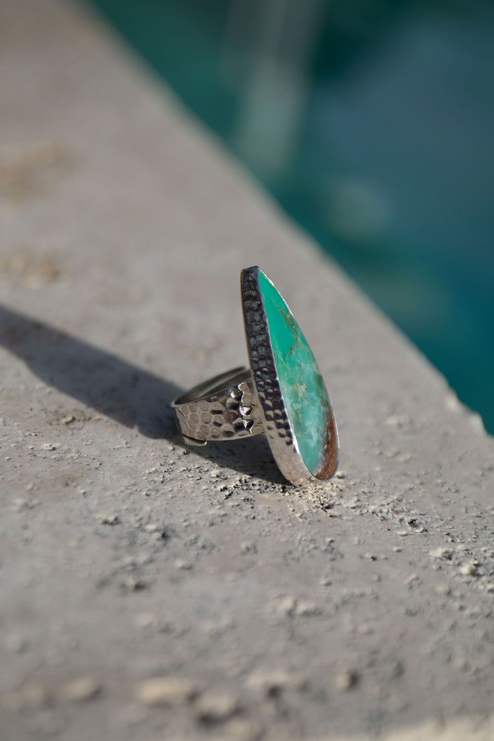 Statement Chrysoprase Ring in Beaten Sterling Silver - Adjustable