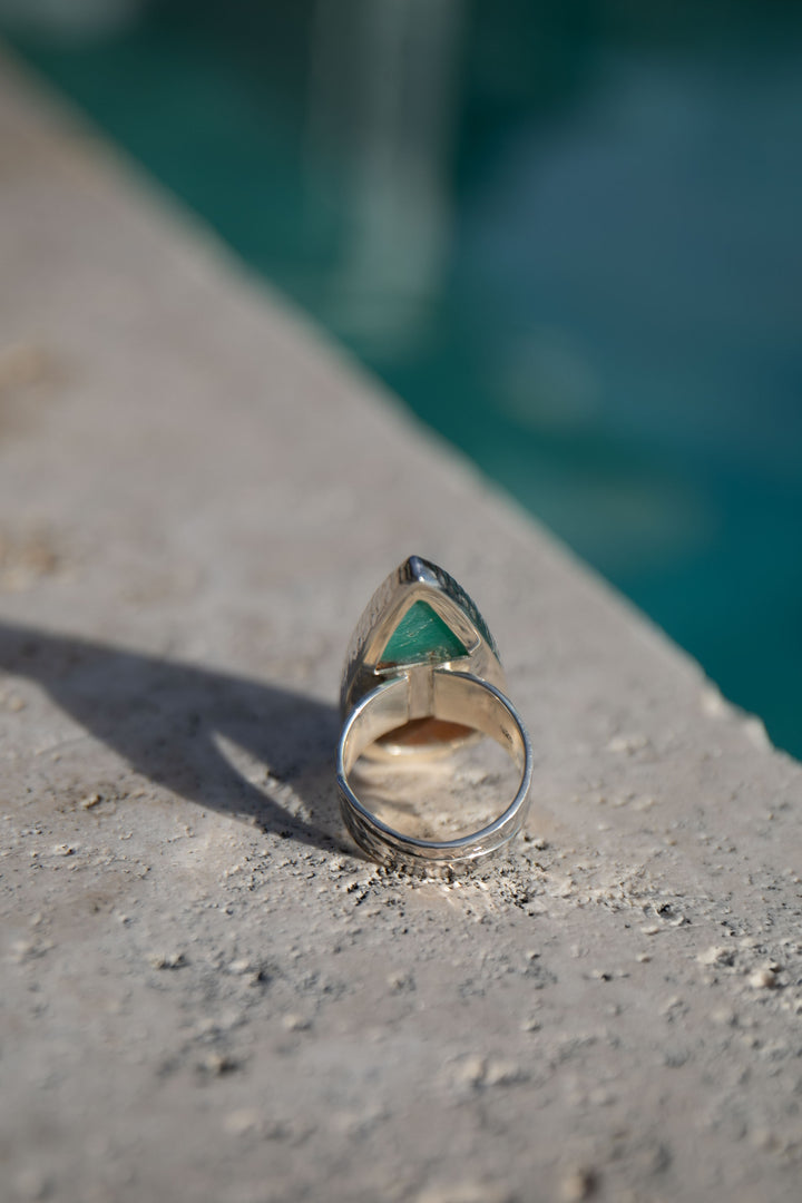 Statement Chrysoprase Ring in Beaten Sterling Silver - Adjustable