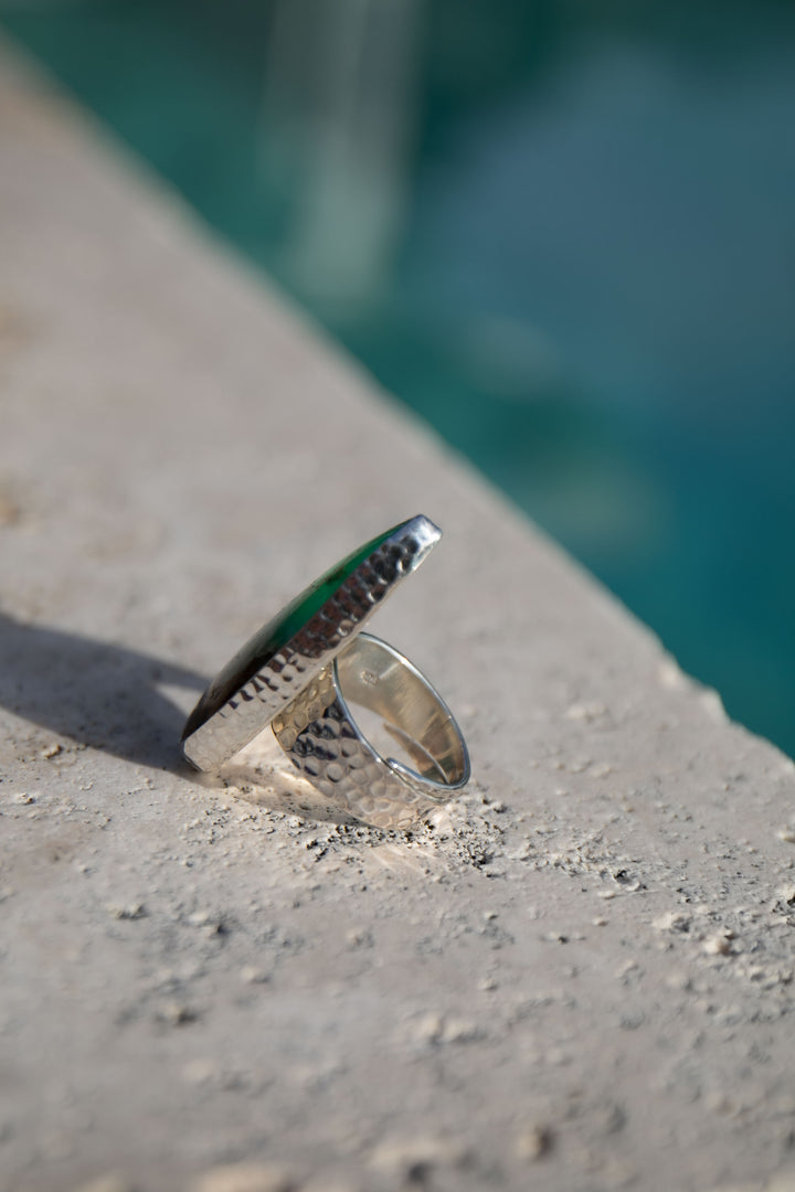 Statement Chrysoprase Ring in Beaten Sterling Silver - Adjustable