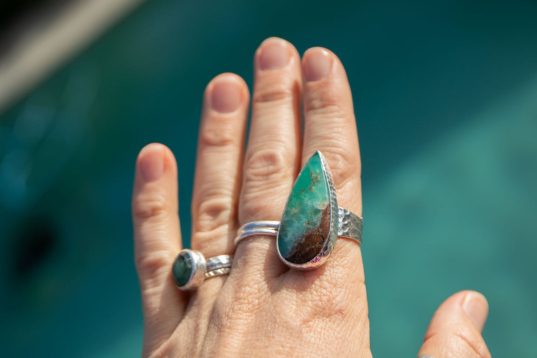 Statement Chrysoprase Ring in Beaten Sterling Silver - Adjustable