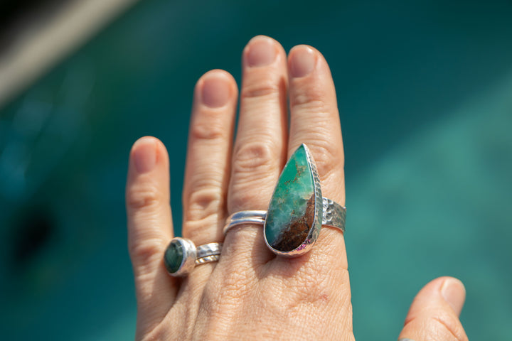 Statement Chrysoprase Ring in Beaten Sterling Silver - Adjustable