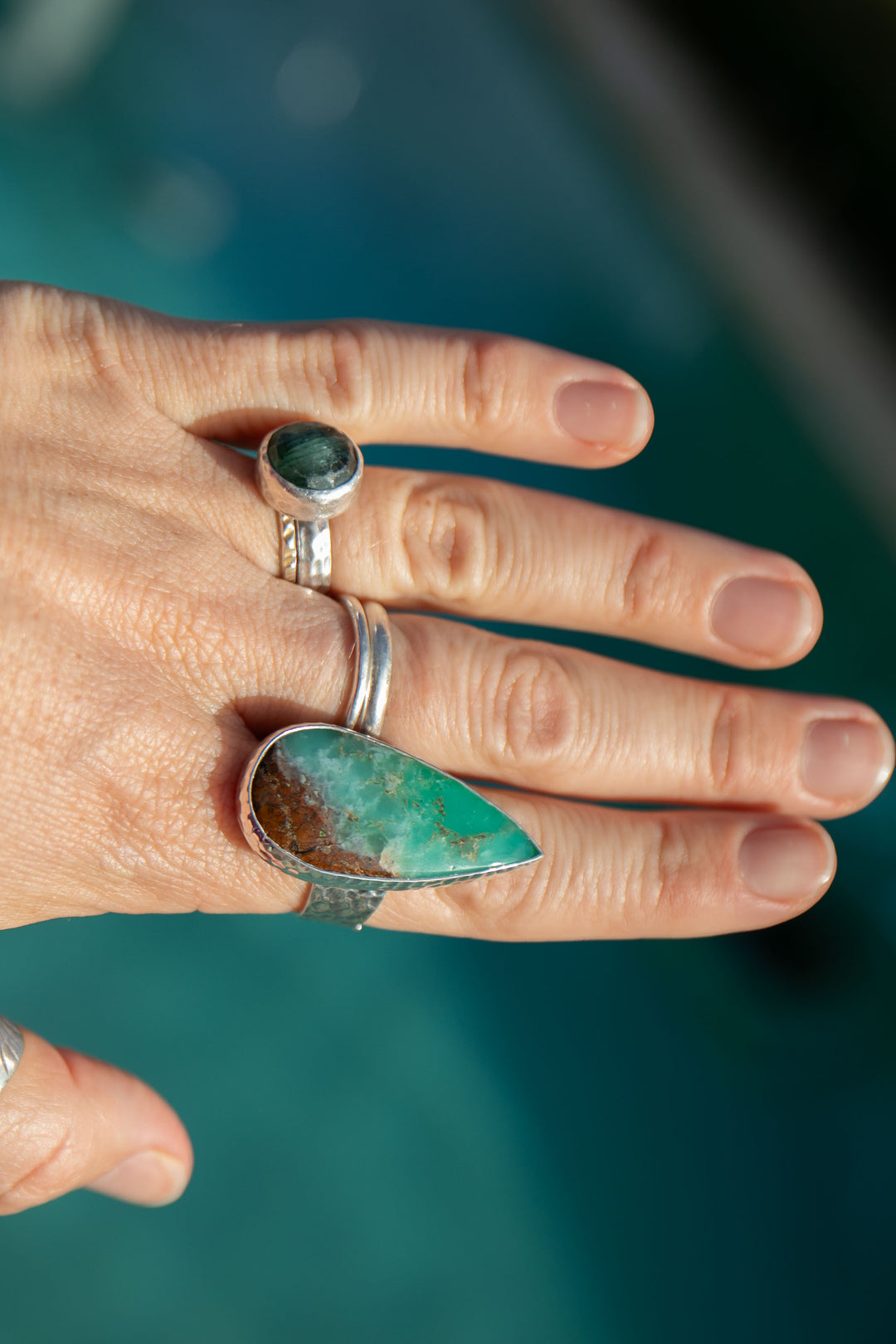 Statement Chrysoprase Ring in Beaten Sterling Silver - Adjustable