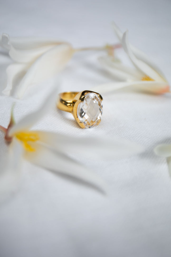 Faceted Crystal Quartz Ring set in Claw Gold Plated Sterling Silver - Size 8 US